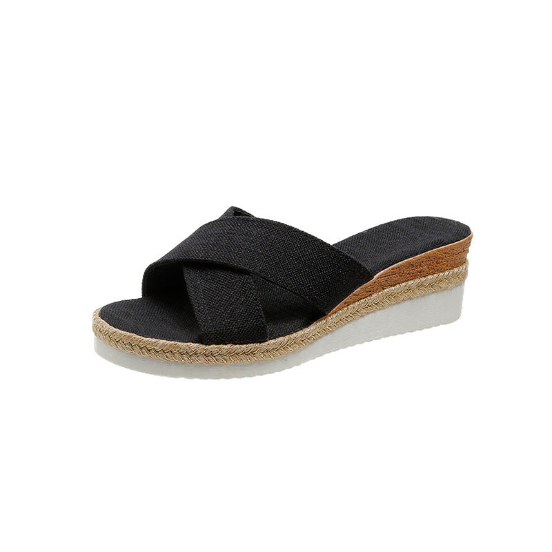 Plus Size Women's Platform Wedge Cross Belt Peep-toe Slippers