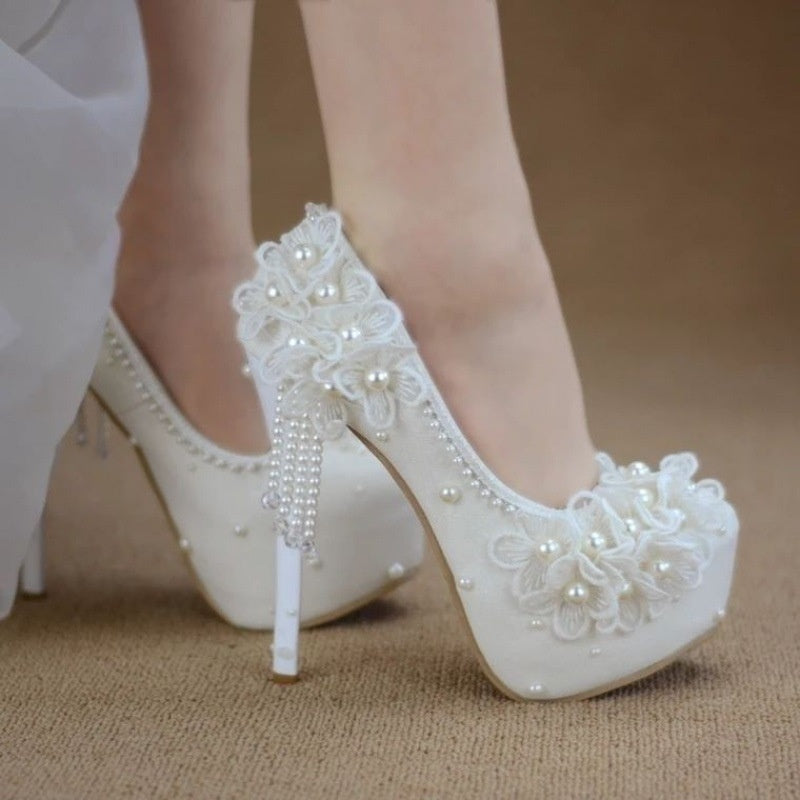 Male Lace High-heeled Shoes Korean Style, Flower Rhinestone Tassel Bride