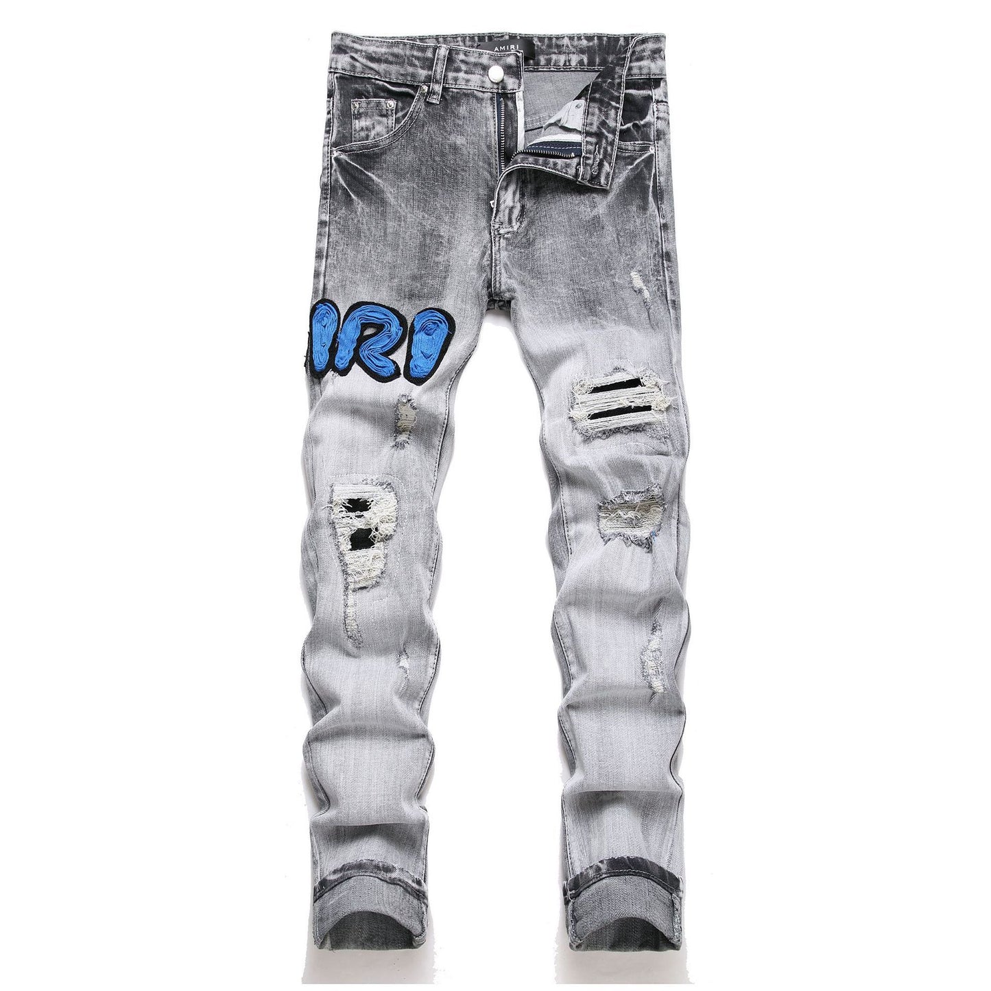 European And American Street Youth Slim Stretch Hole Patch Embroidery Gray Skinny Pants