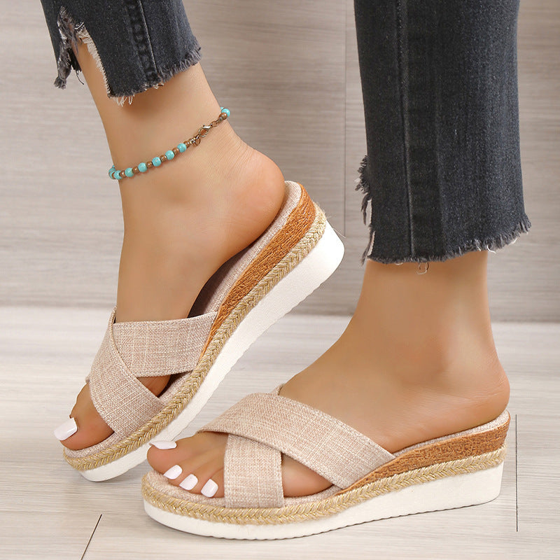 Plus Size Women's Platform Wedge Cross Belt Peep-toe Slippers