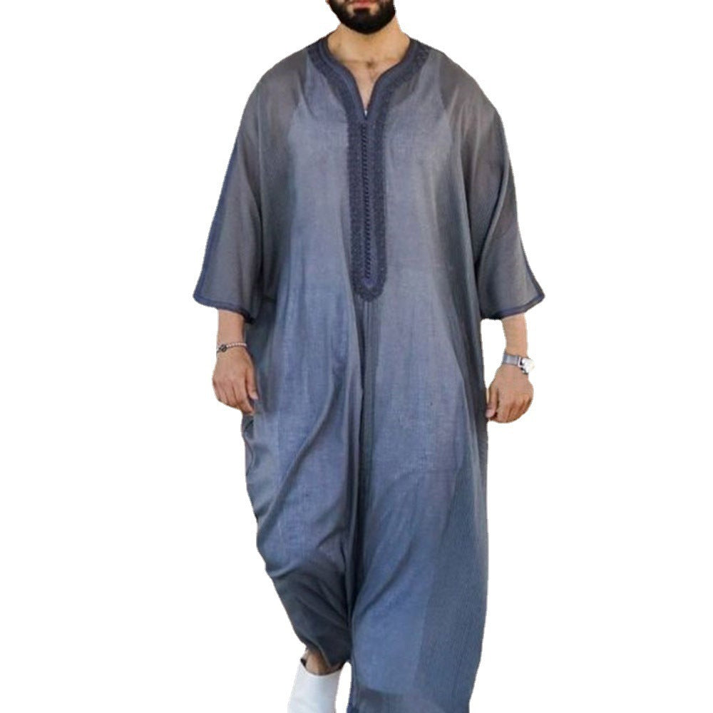 Thin Youth Linen Gray Cotton Linen Loose Casual Muslim Robe