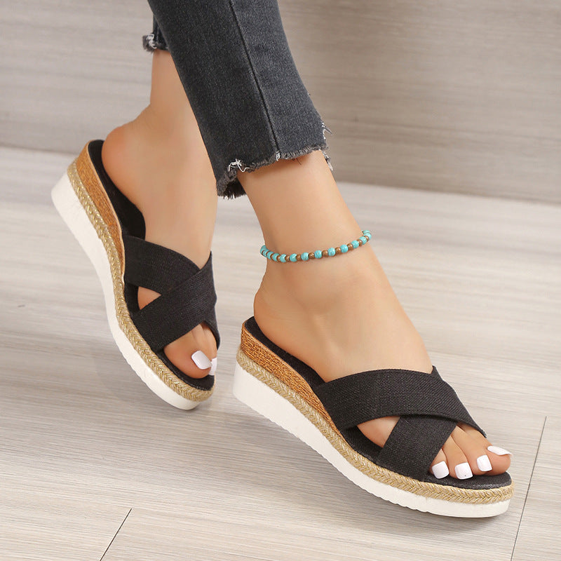 Plus Size Women's Platform Wedge Cross Belt Peep-toe Slippers