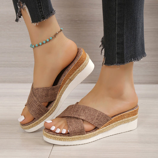 Plus Size Women's Platform Wedge Cross Belt Peep-toe Slippers