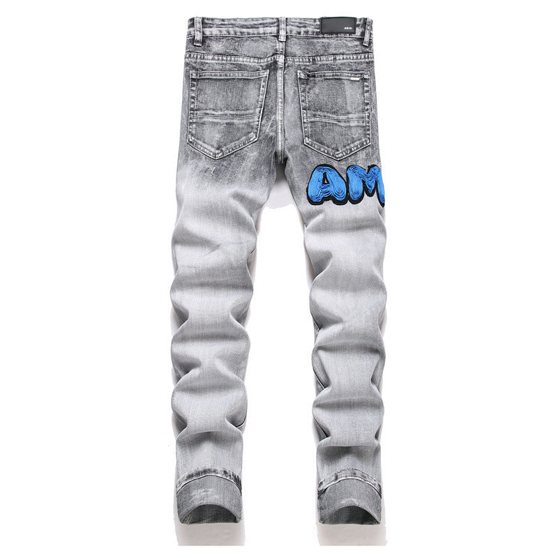 European And American Street Youth Slim Stretch Hole Patch Embroidery Gray Skinny Pants