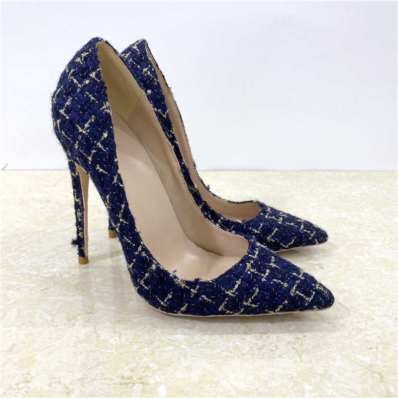 New Woven High Heel Shoes 12CM Pointed Stiletto Heel Shallow Mouth